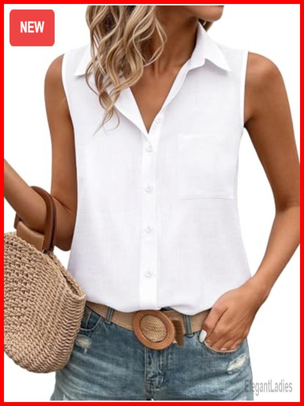 Womens Sleeveless Cotton Button Down Shirt Collared Tank Top Summer